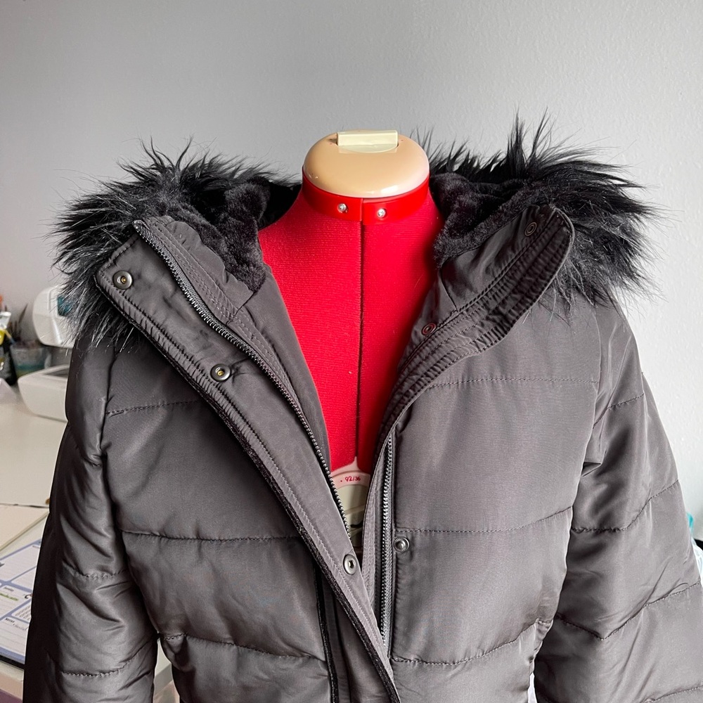 H&M Charcoal Puffer Jacket with Faux Fur Trim